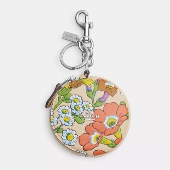 New Coach Smooth Leather Coin Pouch Keychain Bag Charm With Floral Print - Picture 1 of 2